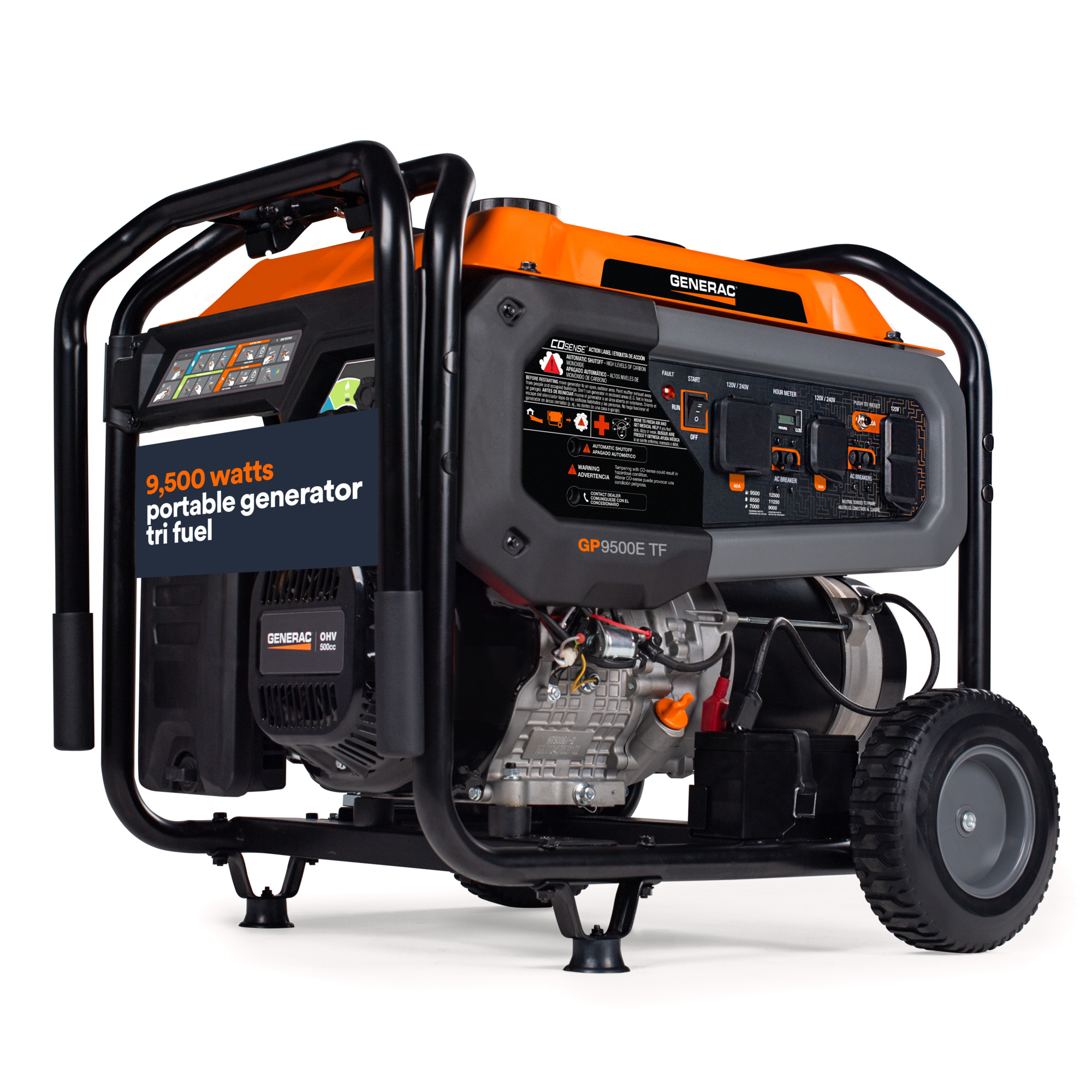 Generac 8063 GP9500TF 12500 / 9500 Watt Electric Start Tri-Fuel Portable Generator w/ COSense, Wheel and Handle Kit Included, 49ST